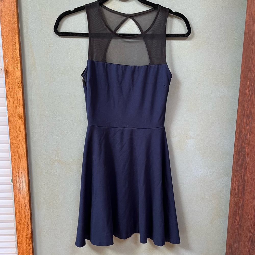 Open back, mesh top, blue cocktail dress. Size: Small.